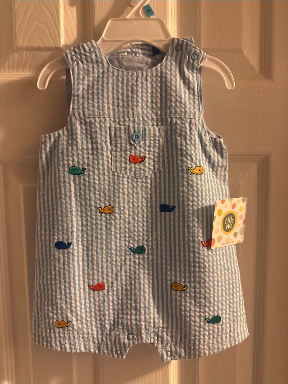 Little Me Light Blue Seersucker Whale Embroidered Romper
